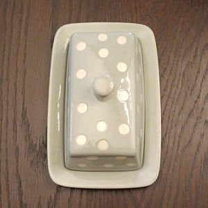 Creative Co-op butter dish. Greyish-blue with white polka dots.